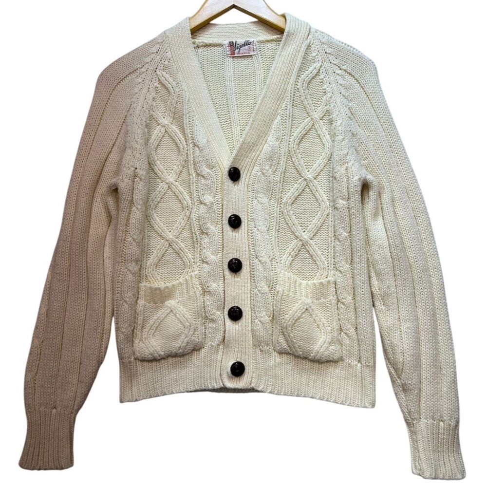 Vintage Sigallo Women's Button Up Cardigan Sweater Cable Knit Size S Ivory
